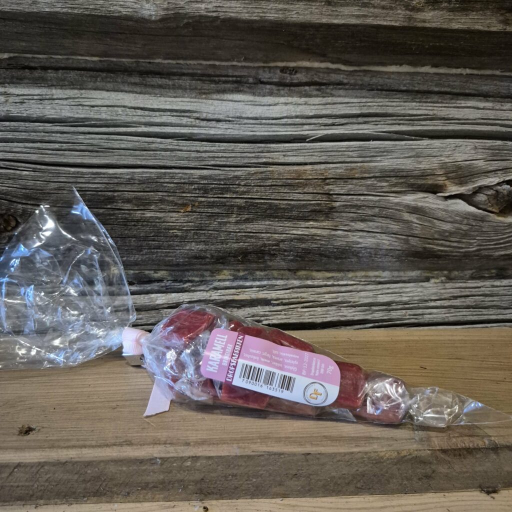 Karamell Bringebær Spisspose 70 gram